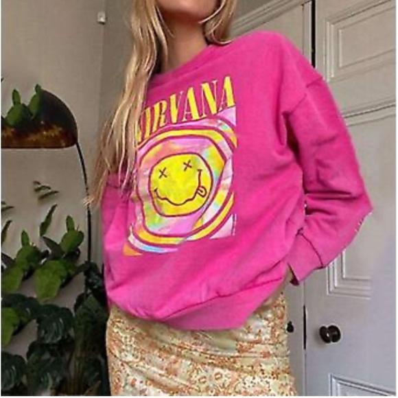 Urban Outfitters Nirvana Smiley Face Overdyed Sweatshirt Heliconia  XL oversized - Picture 4 of 15